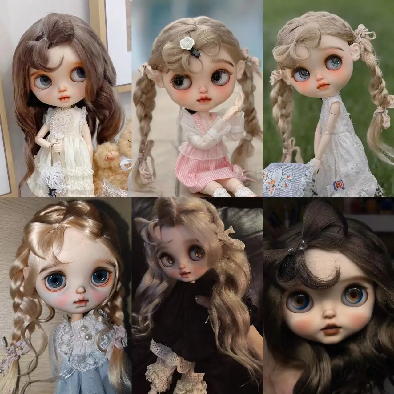 

Doll Wigs for Blythe Qbaby natural Bow bangs styling Mohair curls Encrypted hair seams 9-10 inch head circumstance