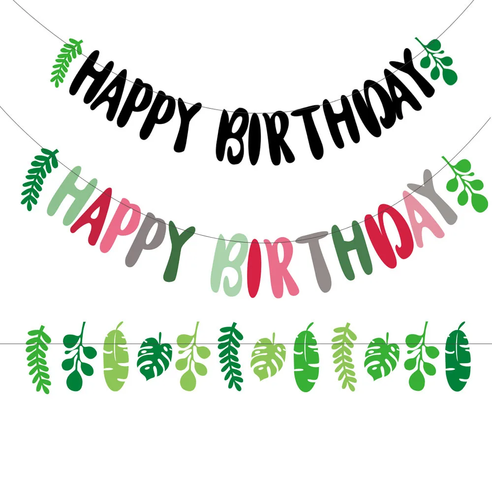 

Jungle Safari Theme Party Banner leaves Happy Birthday Party Banner Kids Wild One Photo Props Hawaiian Tropical Party Supplies