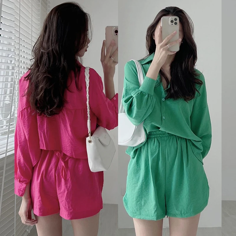 

Clothland Women Sweet Candy Color Blouse Shorts Suit Back Lace Up Long Sleeve Shirt Mini Shorts Summer Chic Suits TZ297