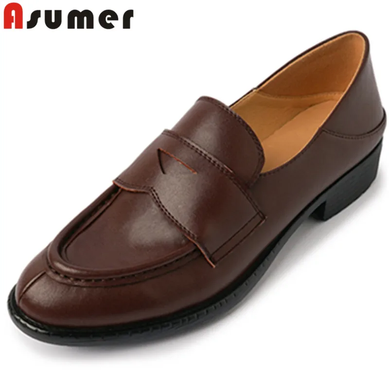 

ASUMER 2022 New Shallow Genuine Leather Shoes Slip On Women Pumps Retro Office Ladies Square Low Heels Dress Shoes