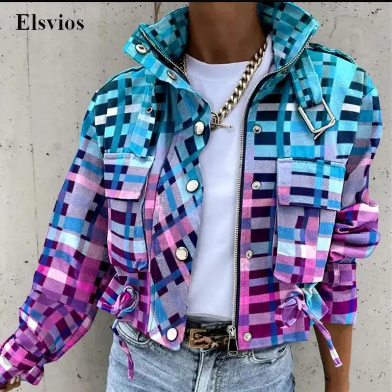 

Fashion Zipper Stand Collar Cargo Coat Women Vintage Gradient Plaid Print Short Jacket Autumn Casual Long Sleeve Pockets Outwear
