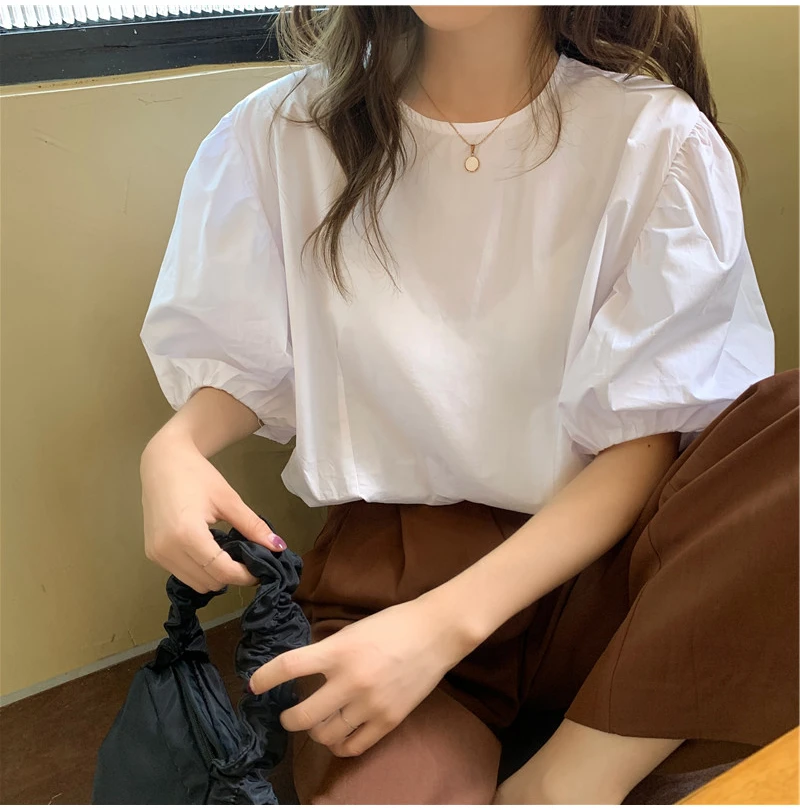 

summer young girls solid t shirt preppy style Harajuku puff sleeve white tops korean kawaii clothes casual loose women's T-shirt