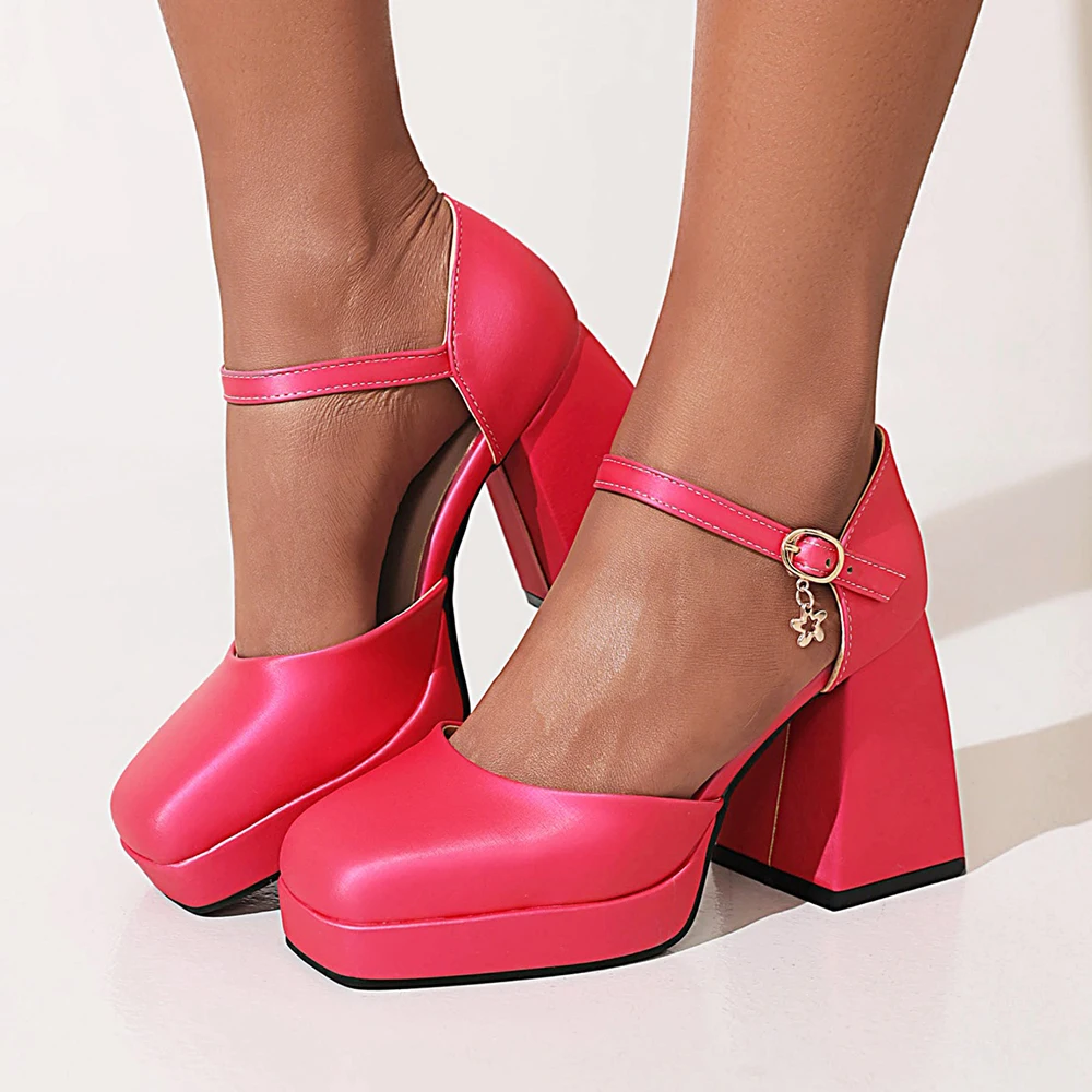 2023 Candy colors Platform Pumps Women Pu Leather Square Toe Mary Jane Shoes Woman Goth Thick High Heels Shoes Ladies