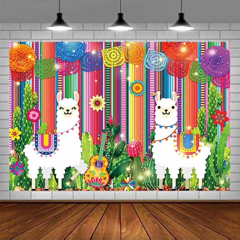 

Llama Photography Backdrop Fiesta Birthday Cactus Cinco De Mayo Mexico Party Supplies Colorful Background Cake Table Decor