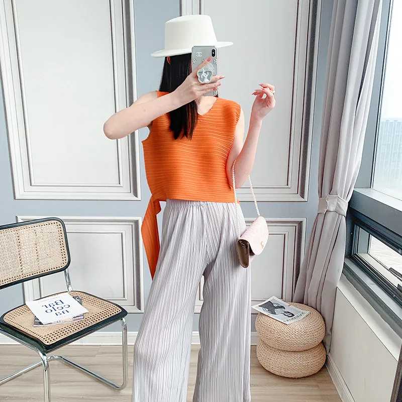 

Женская плиссированная футболка без рукавов, Классическая Универсальная футболка ручной работы в Корейском стиле, Новинка лета 2022