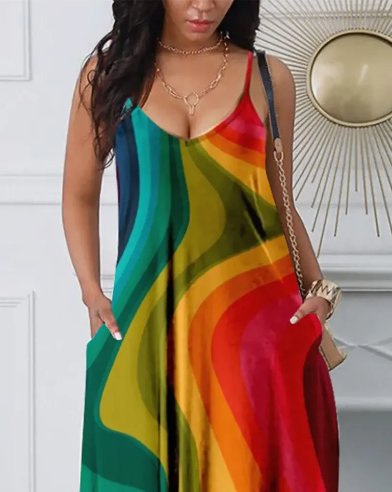 

Summer Spaghetti Strap Print Pocket Design Dress Beach Dresses Woman Sexy Long Dress