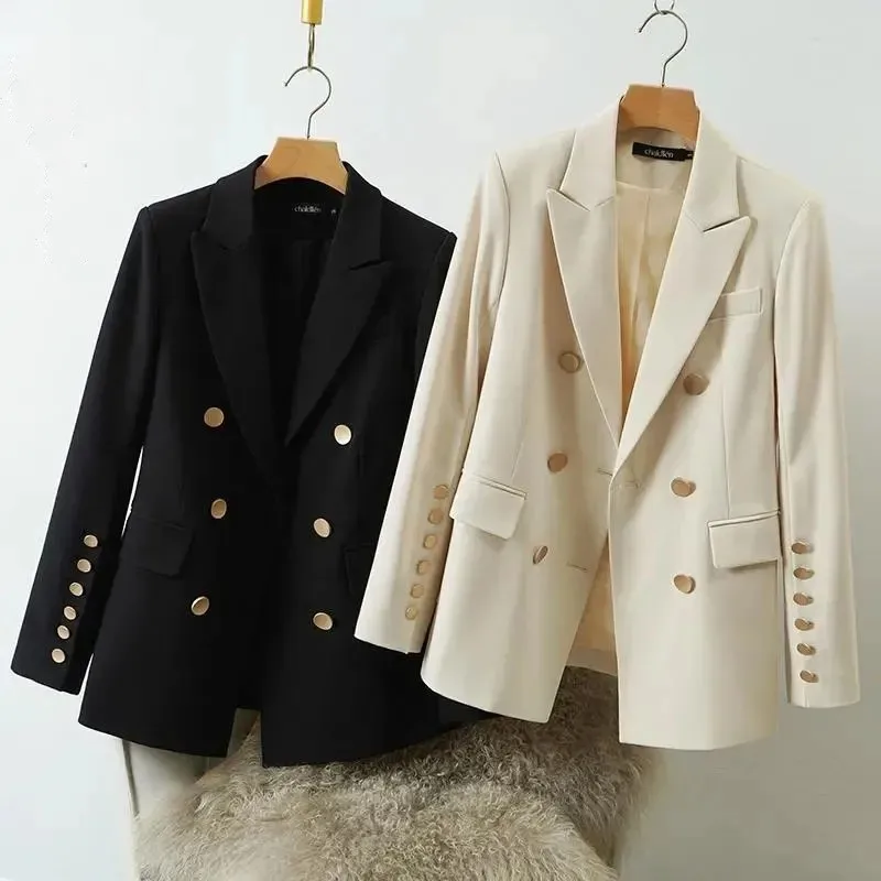 

Spring Autumn Korean Women Blazers Casual Suit Jacket Chic Notched Lapels Blazer Double Breasted Metal Design Female Tops