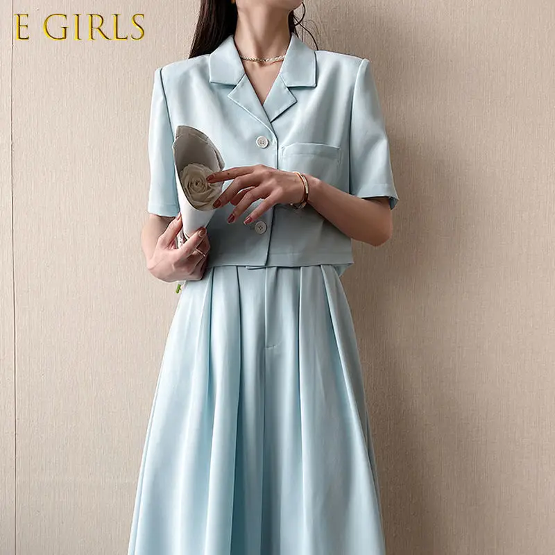 E GIRLS  2021 Women Blazer A Line Skirt 2 Pieces Set OL Skirt Suit Vintage Single Breasted Short Blazer Jacket Sets Blue White