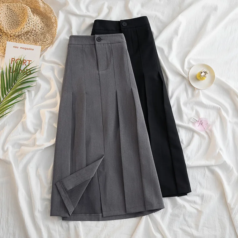 

WDMSNA Black Gray Pleated Long Skirt for Women 2023 Spring Japanese Style High-Waist Skirts Woman Office Streetwear Midi Skirt