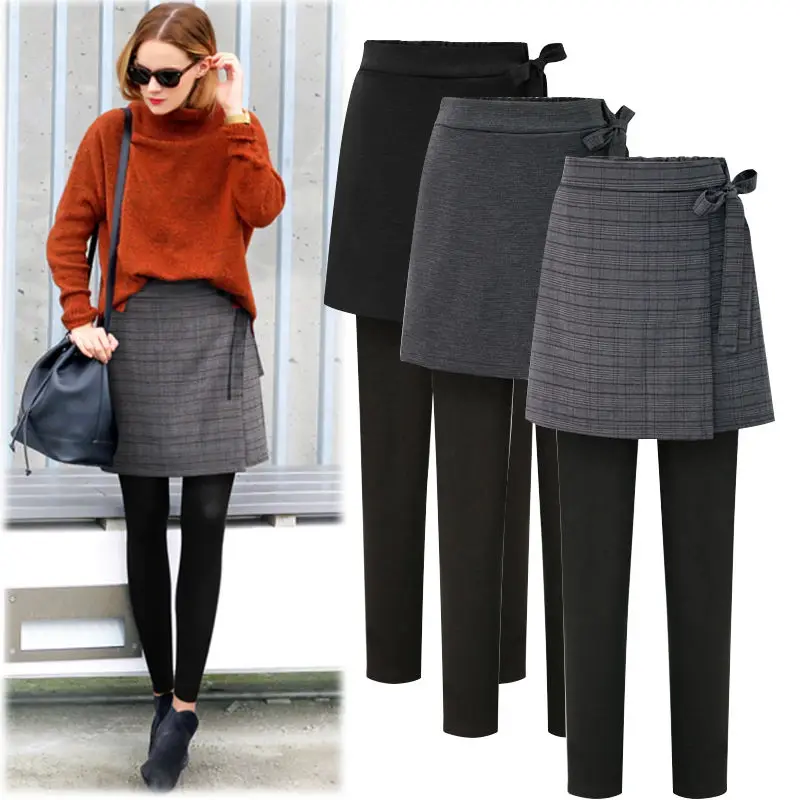 New Plush Thickened Bubble Skirt Fake Two-piece Pants Winter Warm Legging Lace-up One-piece Trouser Skirt Women Leggings T76