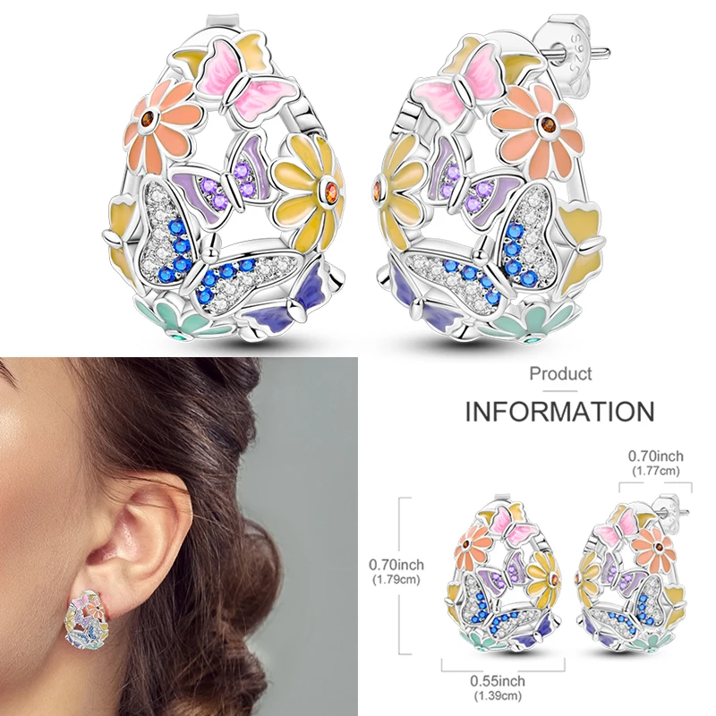 Серьги из серебра 925 фиолетовые с перьями и бабочкой