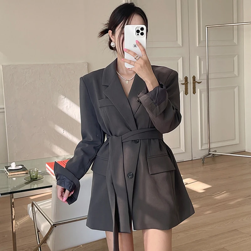

Новый осенний винтажный темпераментный костюм VANOVICH в Корейском стиле с зубчатым поясом, приталенный костюм средней длины, Женские однотонные винтажные блейзеры