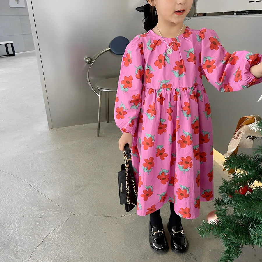 

Детское платье с длинным рукавом и цветочным принтом, на возраст 2-8 лет