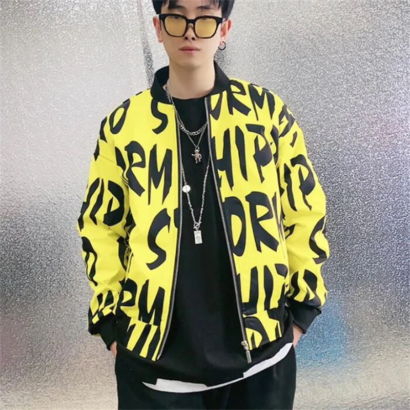 Men's jacket printing trendy casual short coats singer stage dance four seasons can wear stand collar nightclub hipster clothing