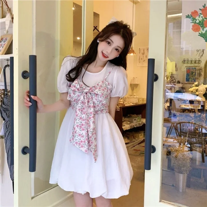 

Estceque Woman Dress Two Pieces Sets Floral White Dress+Bow Camis Sweet Slim Puff Sleeve Mini Dresses Women 2022