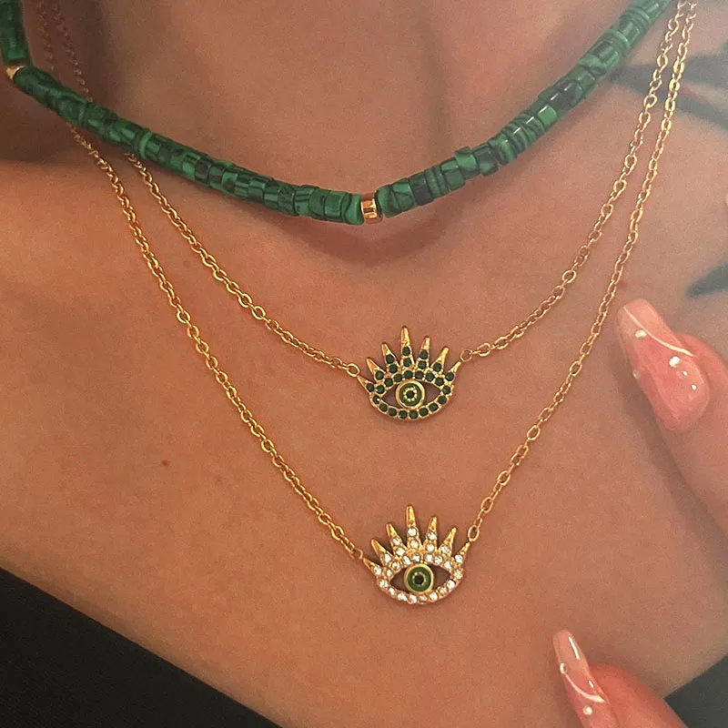 

Ожерелья из нержавеющей стали с зеленым кубическим цирконием и изображением сглаза, минималистичные украшения для женщин, этнические украшения ручной работы
