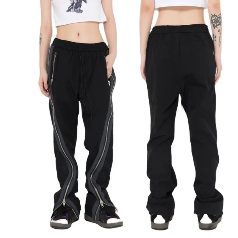 

2021 Vibe Style Side Zipper Men Oversize Flare Casual Pants Moto Biker Baggy Women Drawstring Straight Trousers Pantaloni Uomo