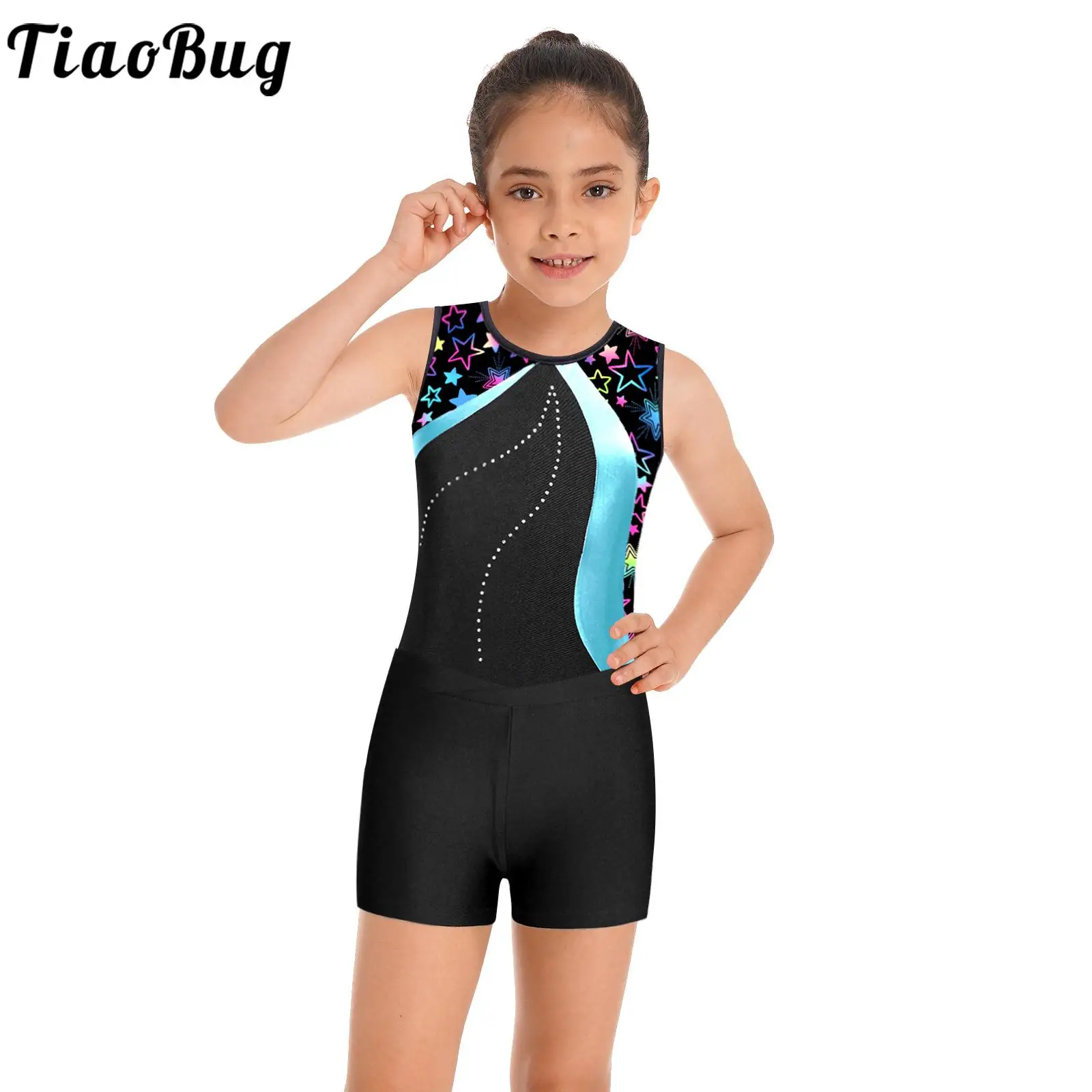 

Kids Girls 2Pcs Gymnastics Leotard Sets Sleeveless Printed Rhinestones Jumpsuit with Shorts Outfit Dance Training Team Wear