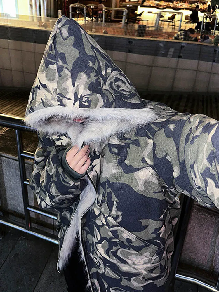 Cleanfit Camouflage Cotton-padded jacket Men's Winter Thickened American vintage Fur Collar Hood Mountain Carving Outerwear C...