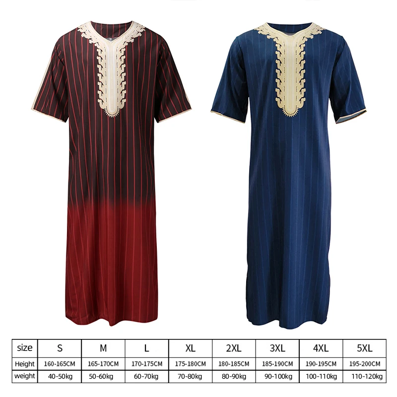 Summer Men Musli Clothing Moroccan Robe Stripes Hand Embroidered Jubba Thobe Kaftans Loose Muslim Islamic Abaya Robe