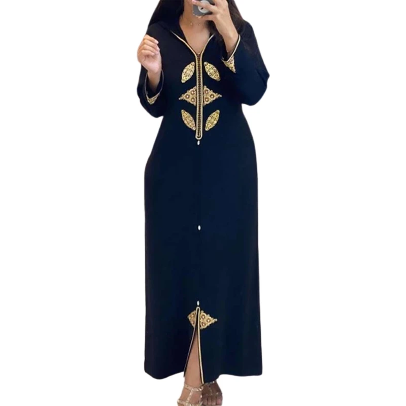 

Muslim Long Sleeve Printed Dresses Dubai Turkey Female Patchwork V-Neck Zipper Gilding Robe for Women Girls