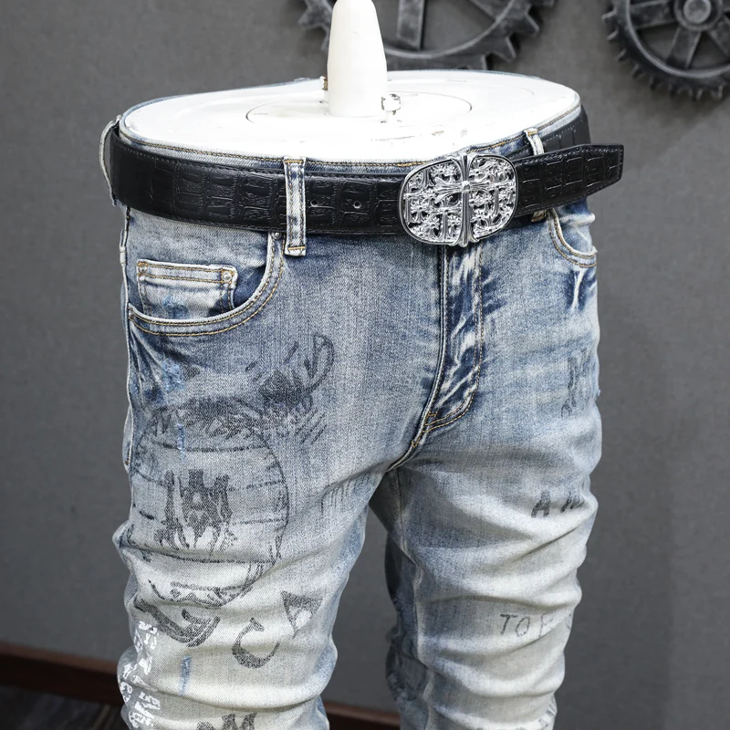 High Street Fashion Men Jeans Retro Blue Elastic Stretch Skinny Fit Ripped Jeans Men Printed Designer Hip Hop Brand Pants Hombre