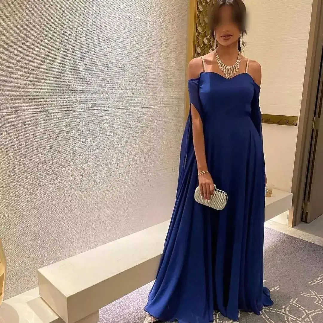 

Blue V-neck Tulle Sweetheart Cap Sleeve Floor Length Prom Dress Evening Backless Illusion Vestido De Festa Mulher Luxo 2023