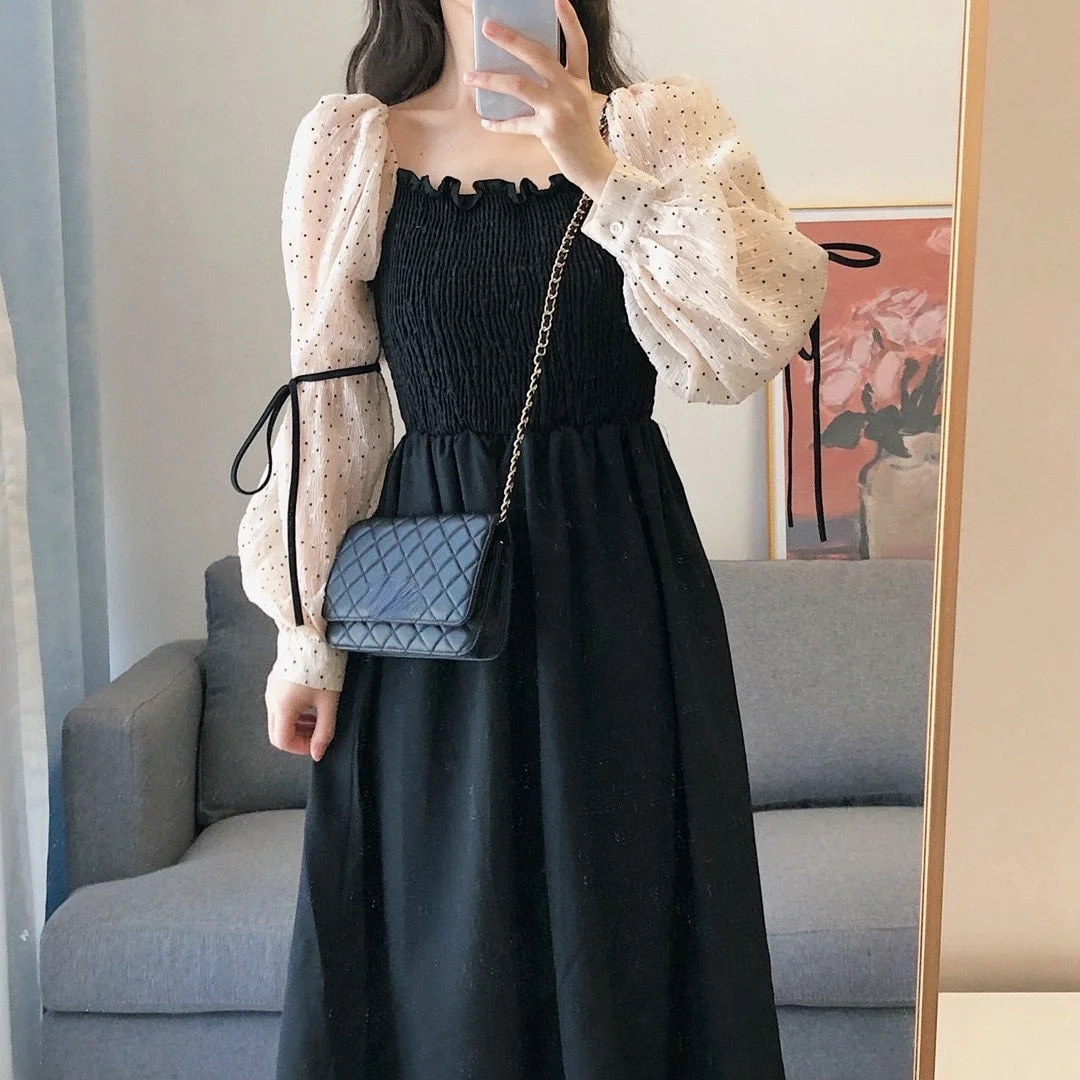 

Korean Fashion Vintage Y2k Dresses for Women Summer 2021 Long Sleeve Casual Midi Dress Bandage Design Black Party Dress Female