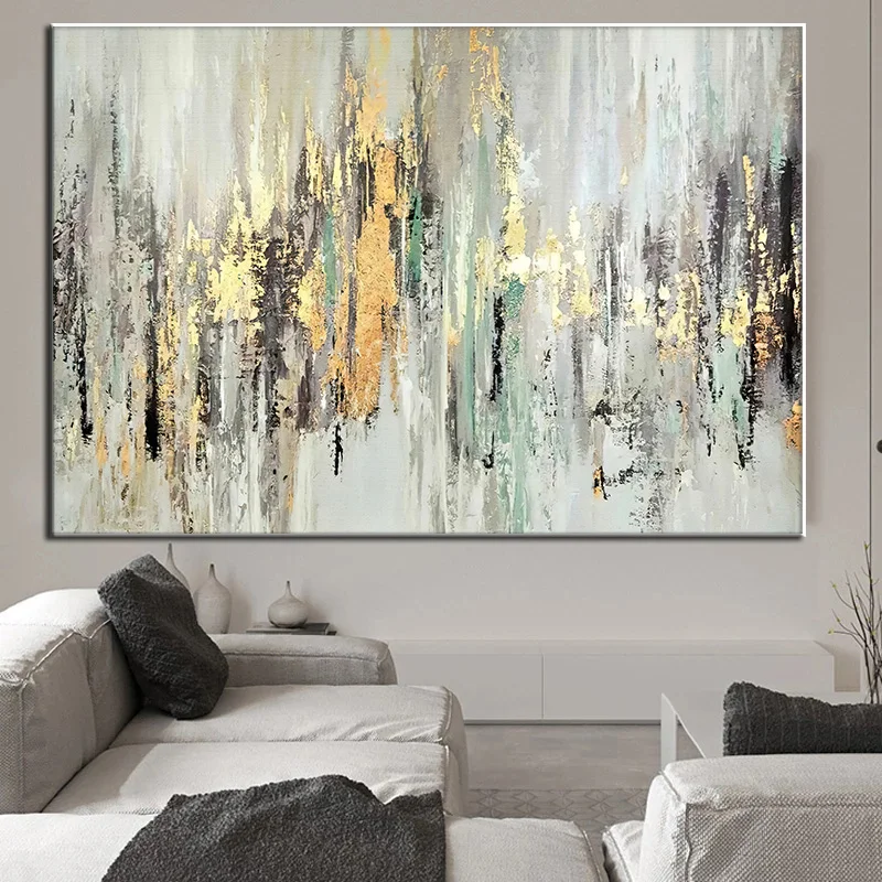 

Abstract Gold Foil Canvas Painting Golden Pigment Poster Modern Wall Art Picture for Minimalist Living Room Print Office Decor