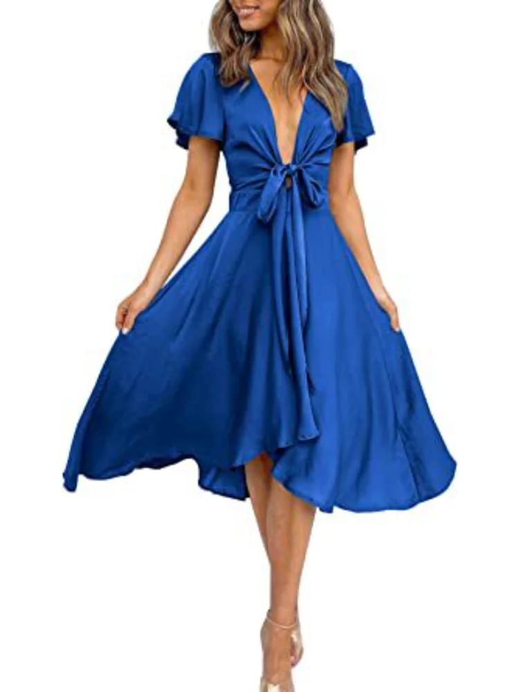 

Summer New Arrival Solid Color V-neck Pleated Short Sleeve Butterfly Knot Two-way Belted Maxi Dress Casual Women's Long Dress