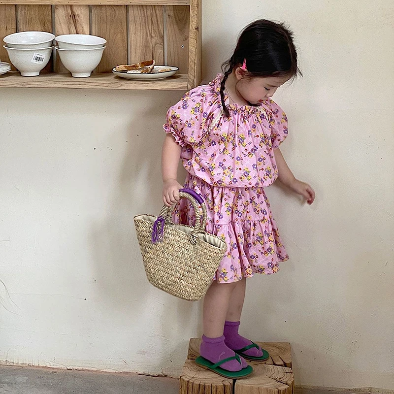 

Летний комплект для девочек из 2 предметов, детская Блузка + юбка, детские костюмы, детская одежда, модный розовый цветочный принт, кружевные ...