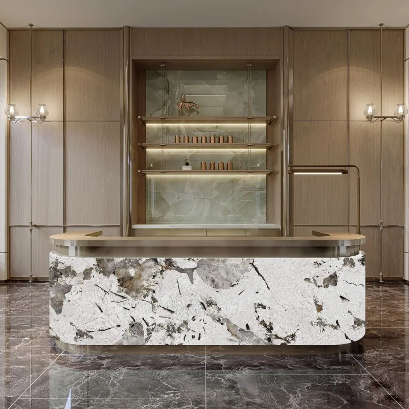 Фото Роскошная современная стойка ресепшн Infodesk, кассовая стойка для супермаркета, бизнес-стойка, мебель для приемной №3
