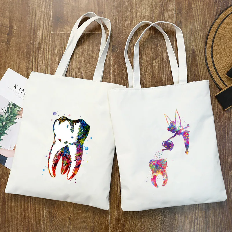 

Tooth and Dentist Women Canvas Shopping Bag Letters Print Female Cloth Shoulder Bag Eco Handbag Tote Reusable Shopper Bags