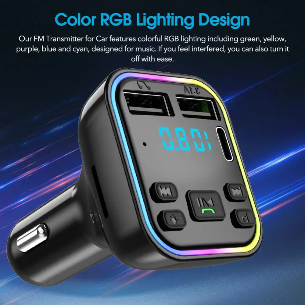 

Car Charger Fast Charger Handsfree Pd Fast Charging Colorful Ambient Light Car Kit Pd Type-c Dual Usb 3.1a Mp3 Modulator Player