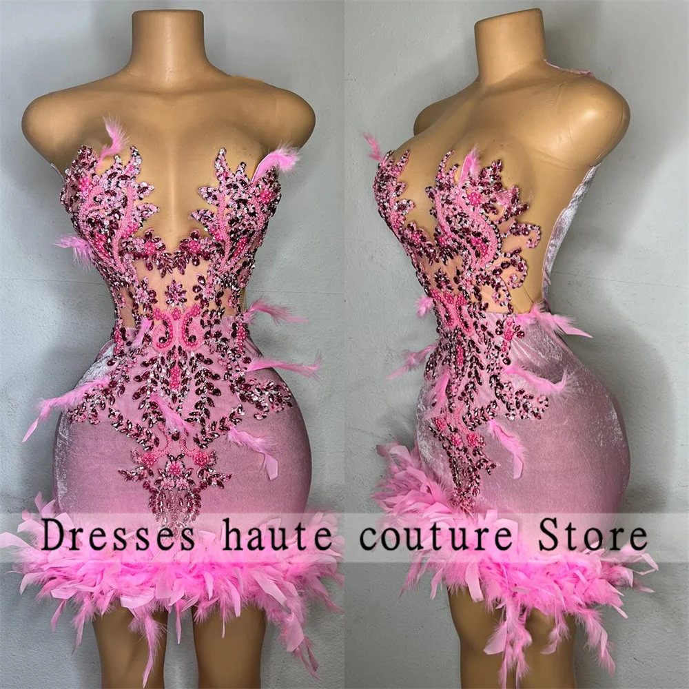 

Sexy Pink Beaded Mini Cocktail Dresses New 2023 Feather Crystal Mermaid Short Prom Dresses Birthday Party Gowns