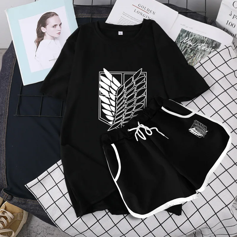 

Japanese Attack on Giant Summer Women's T-Shirt Shorts 2-Piece Kawaii Casual Sportswear Suit Harajuku Unisex Jogging Suit
