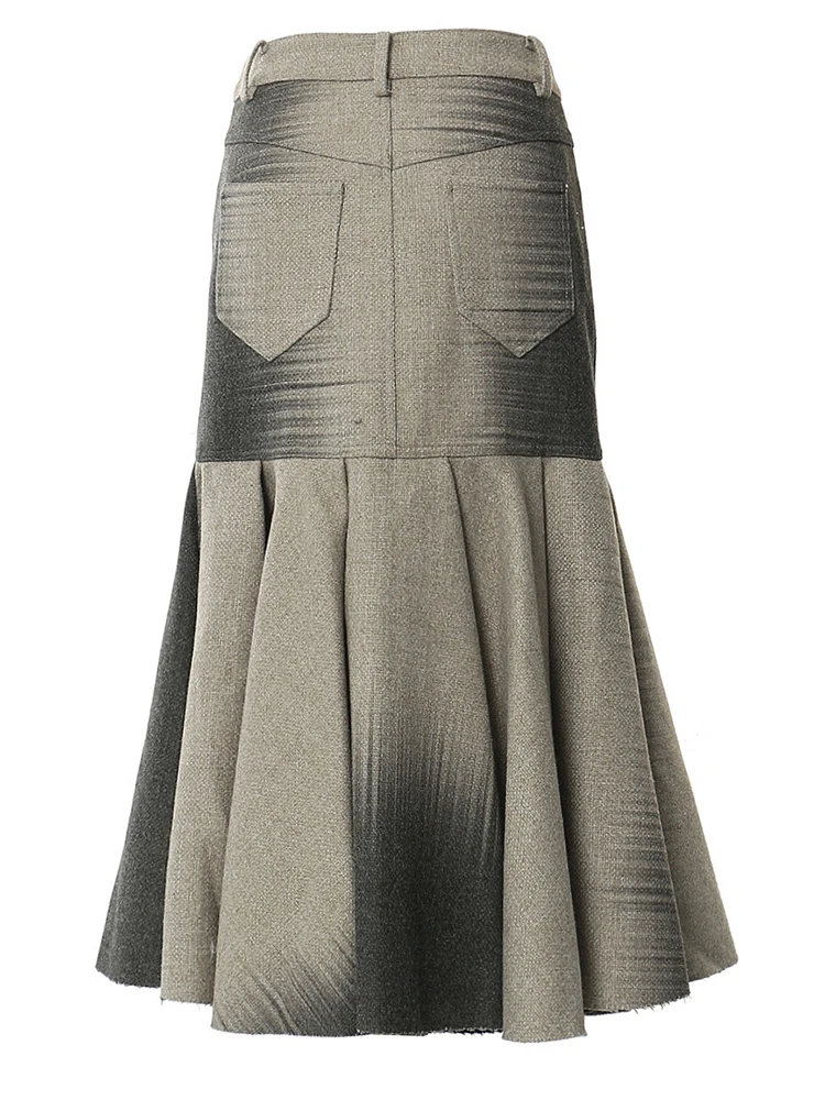 Женская шерстяная юбка-годе [EAM] серая элегантная с высокой талией и карманами