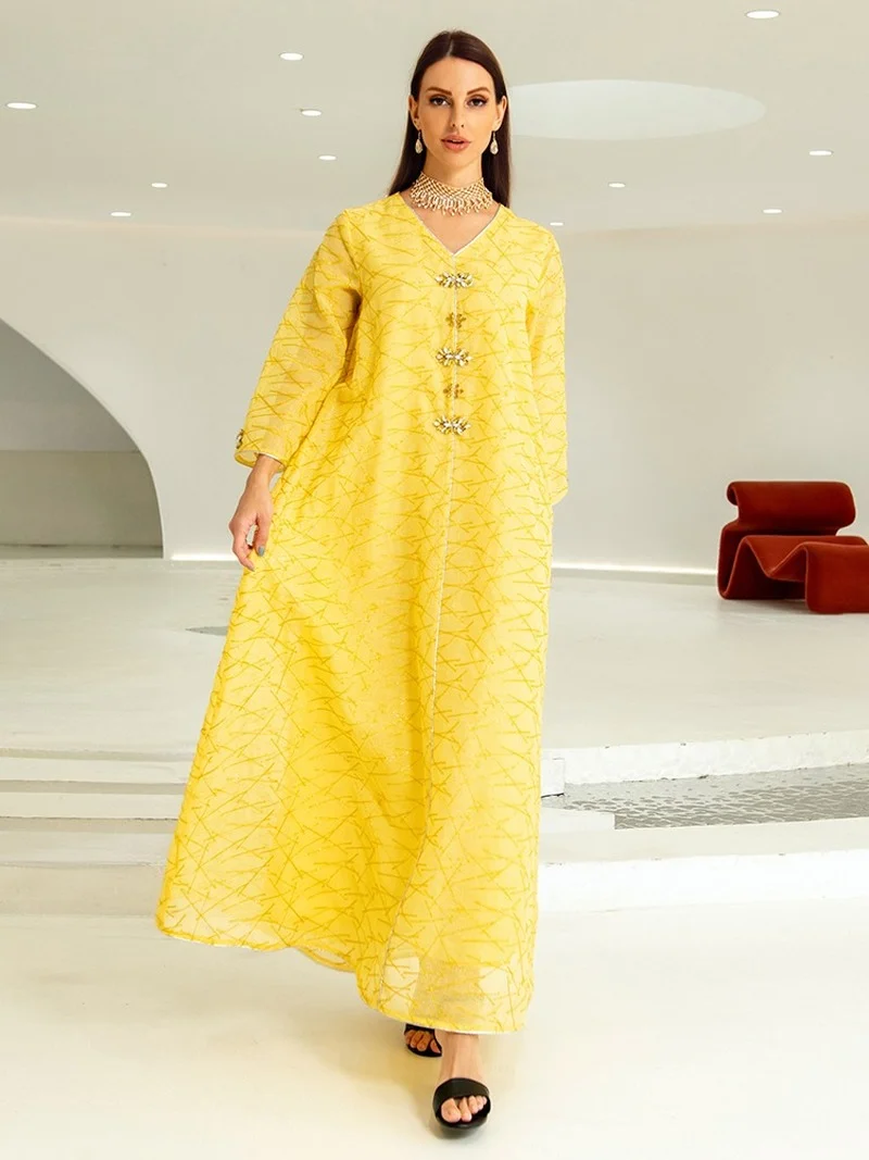 Dresses For Women 2022 V-Neck Long Sleeve Mesh Rhinestone Beaded Belted Morrocan Kaftan Dress Muslim Clothing For All Season