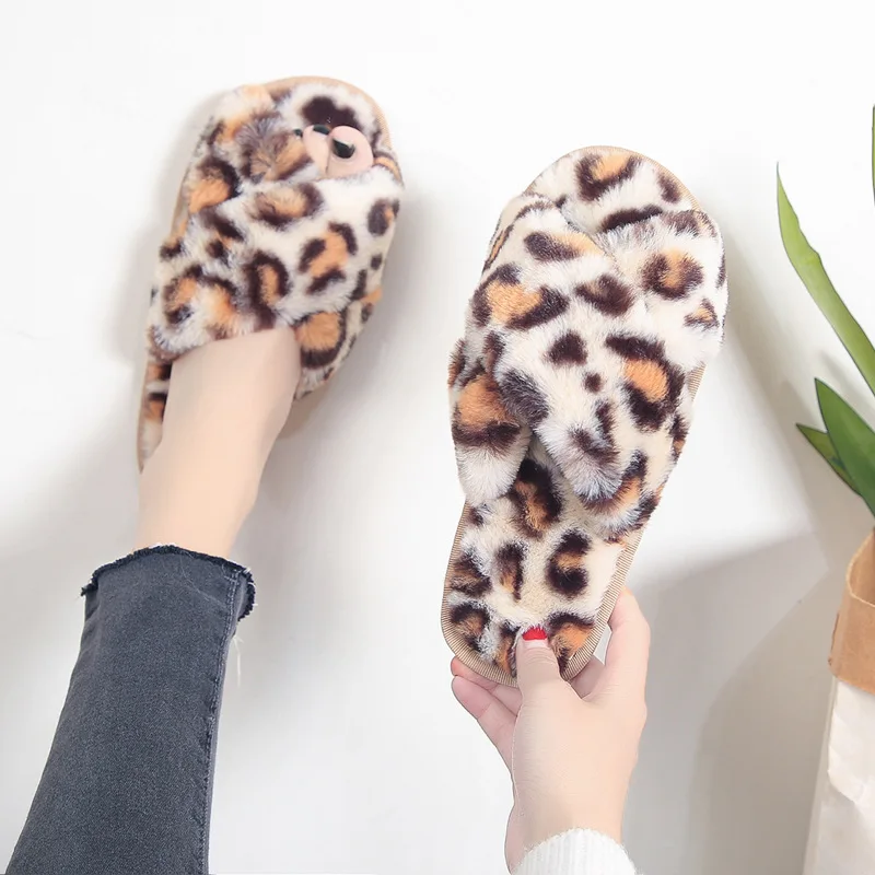 Winter Slippers Women Warm Faux Fur Shoes Leopard Style Ladies Indoor Floor Slipper Open Toe Female Home Fashion Slides SH444