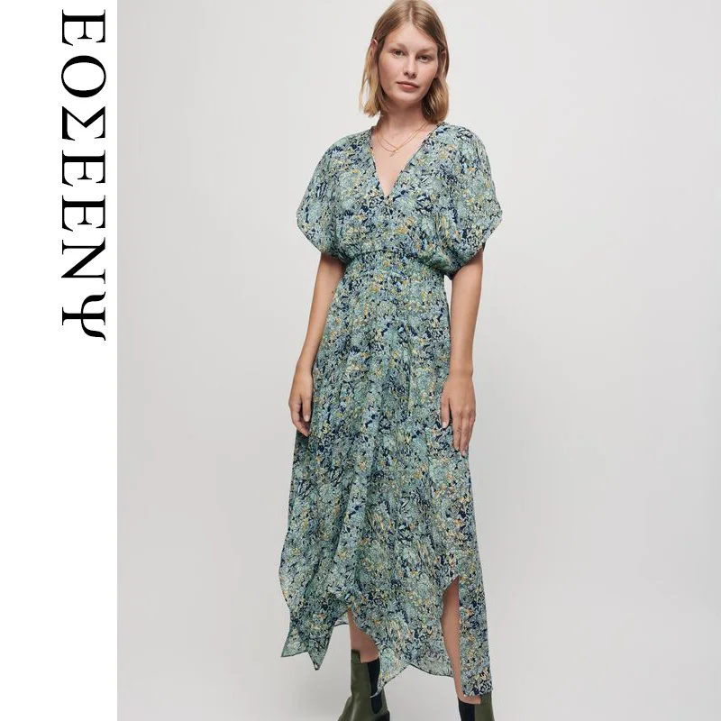 

EOS 2023 Summer New Printed Large V-neck Waist Closing Lotus Leaf Side Long Dress Shows Thin Commuter Women France Paris M Brand