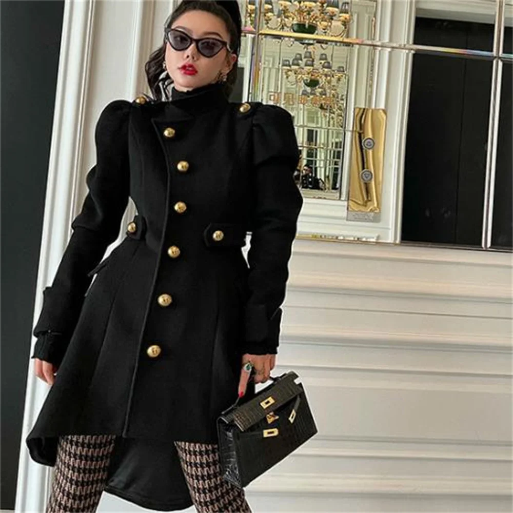 

Новое теплое шерстяное пальто с воротником-стойкой и золотой пряжкой, Женское пальто, модная Повседневная Длинная Асимметричная женская зимняя одежда