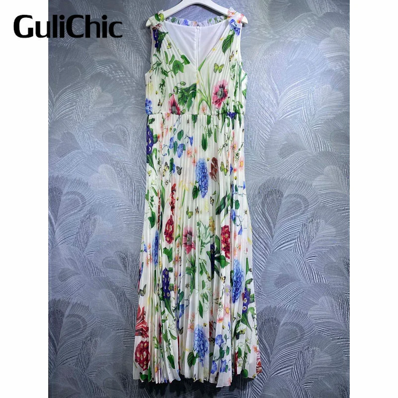 5.14 GuliChic Women Elegant Temperament Floral Butterfly Print V-Neck Pleated Sleeveless Tank Long Dress