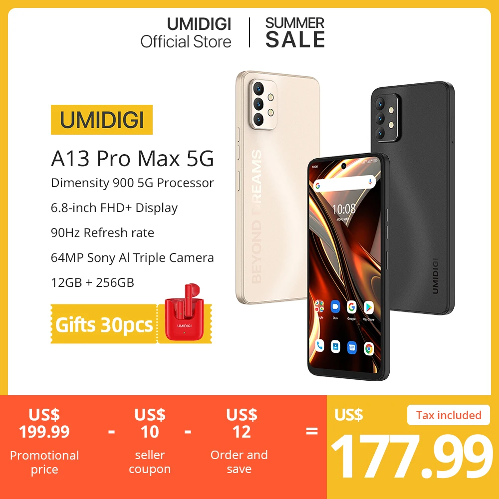 New UMIDIGI A13 Pro Max 5G Smartphone, Dimensity 900, 12GB+256GB, 64MP Triple Camera, 6.8'' FHD+ Display 5150mAh 90Hz Phone