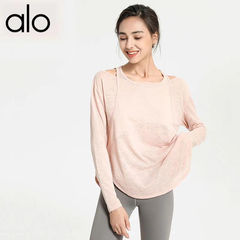 

Alo Yoga Fitnes Women Loose Sports Tee Quick Dry Long Sleeve Crop Top Breathable Running T-Shirts Female Gym Clothing Pink White
