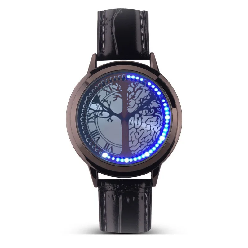 

Женские часы со светодиодным циферблатом, кожаный ремешок, женские часы с уникальным рисунком дерева, синие светодиодные парные часы