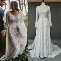 Hippie Boho Beach Elopement Backless Wedding Dress Chiffon Seaside Long Sleeves Big Size Photoshoot V Neck Lace Luxe Bridal Gown