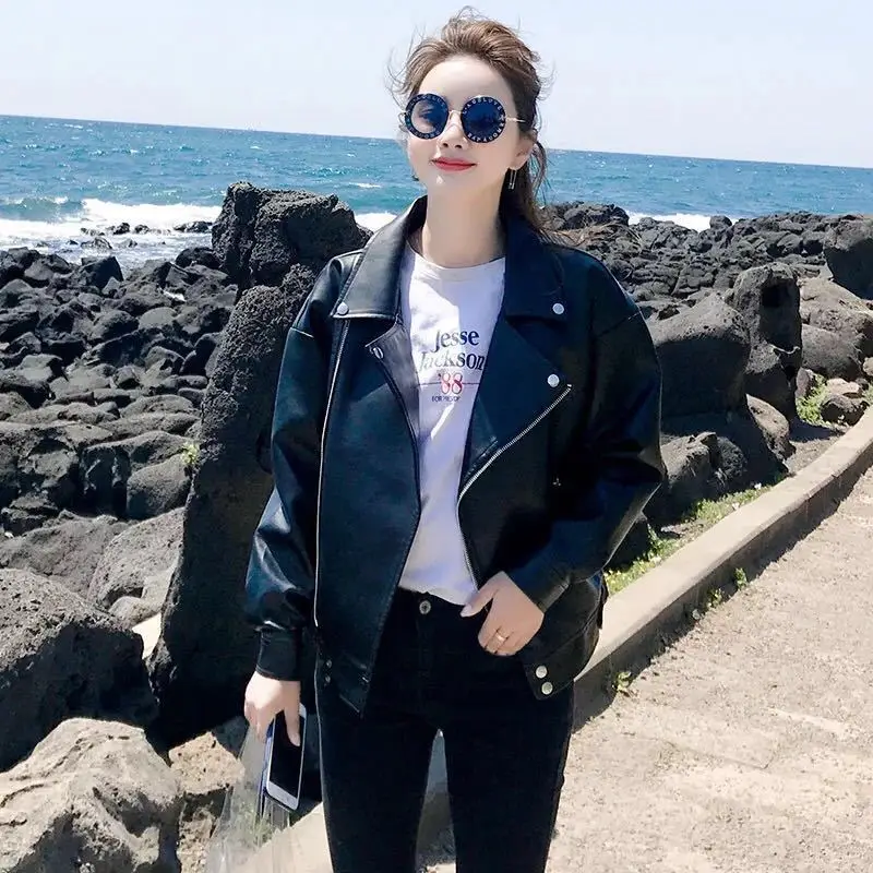 Leather Clothing Female Students Korean Fashion Loose Short Autumn  Winter Cool Girl Pu Coat Motorcycle Leather Jacket