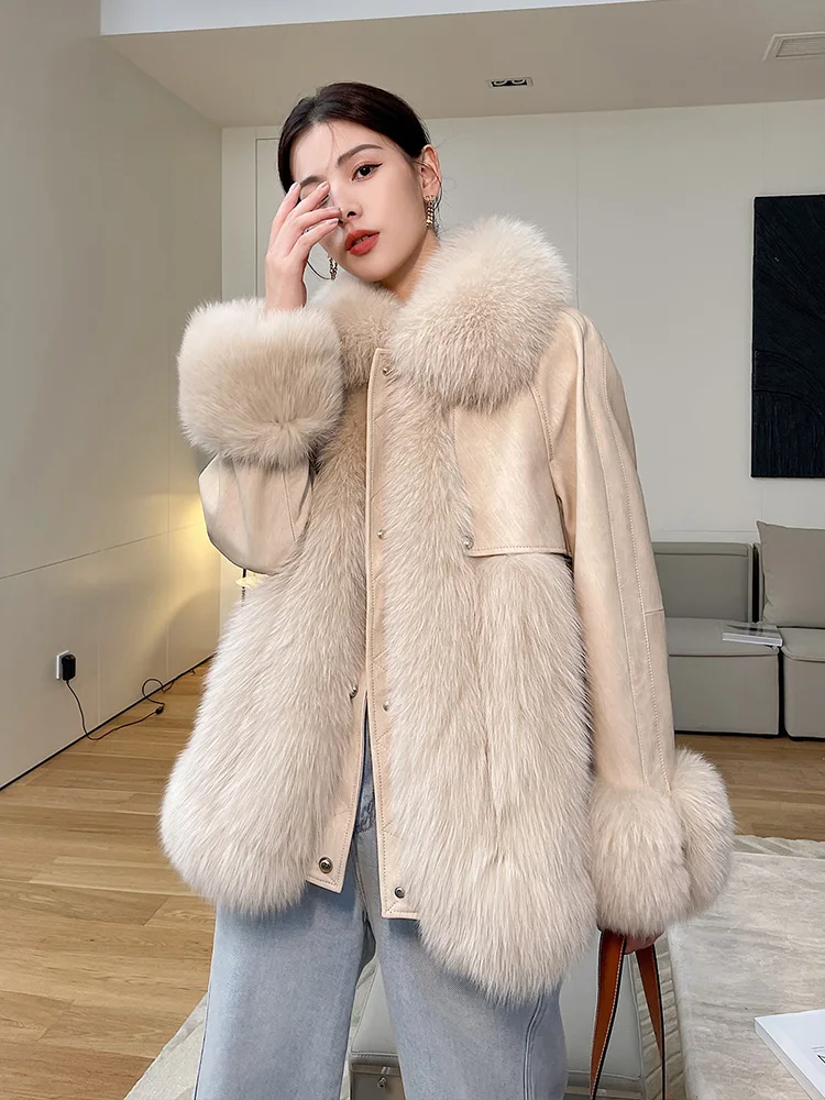 Women Real Fur Coat Autumn Winter Fashion Casual Thicken Big Fox Fur Collar Down Cotton Liner Sheepskin Jacket Young Outerwear enlarge