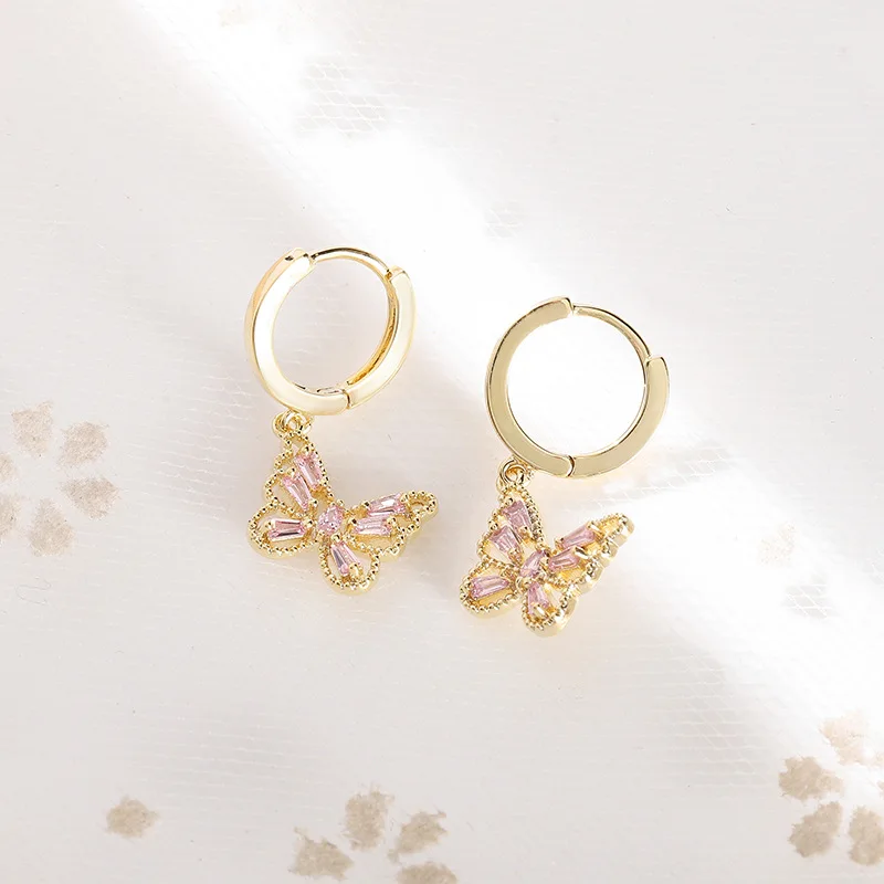 

South Korea Fashion Light Luxury Sweet High Quality Pink Zircon Butterfly Earrings Girlfriend Gift Party Women Jewelry Earrings