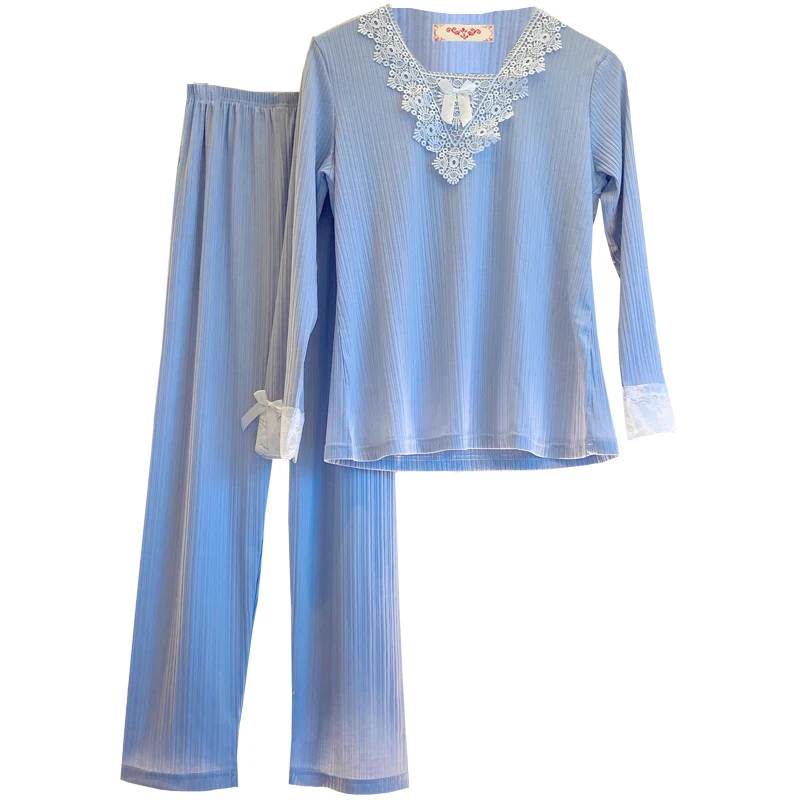 

2022 Spring Autumn Long Sleeve Sexy Lace V-neck Cotton Pajama Sets for Women Sleepwear Suit Pyjama Homewear Pijama Mujer Clothes